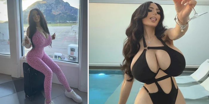 Two panels. In the left a busty woman sits on a suitcase and in the right the same woman is wearing a swimsuit and holding a drink