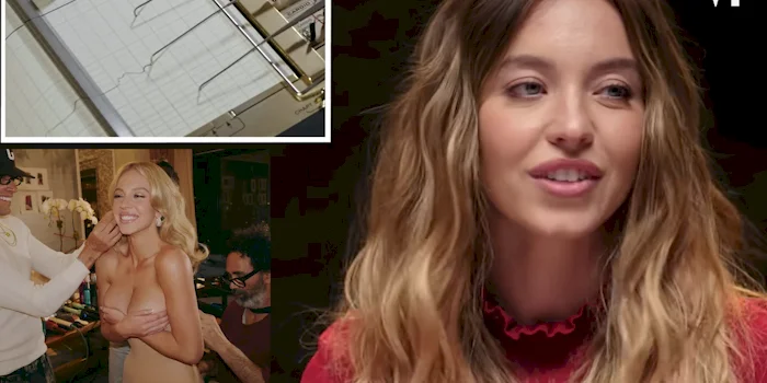 Close up of Sydney Sweeney's face with an insert of a polygraph in the top left corner