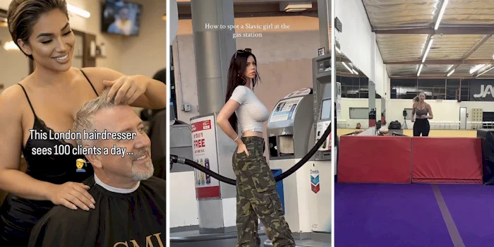 Three panels. One of a smiling hairdresses. One of a girl in a tight top at a gas station and one of a girl running