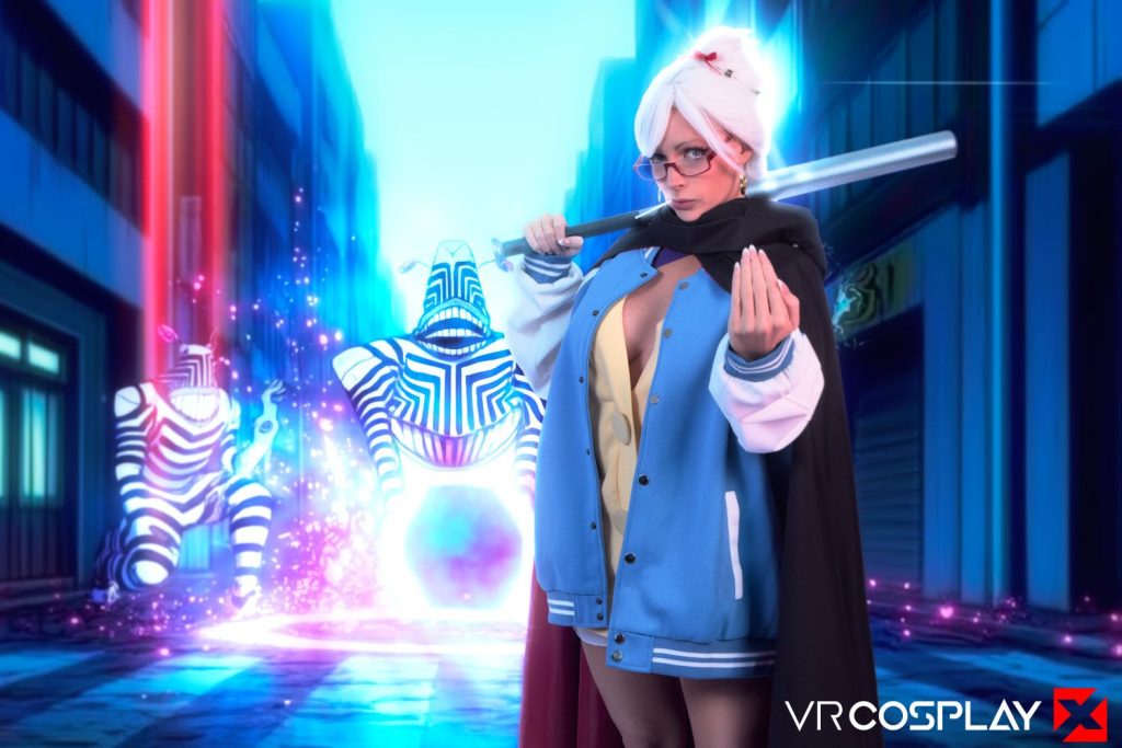 Closer frontal of woman cosplaying as Seiko motioning with her hand to come forward while she rests a bat on her shoulder