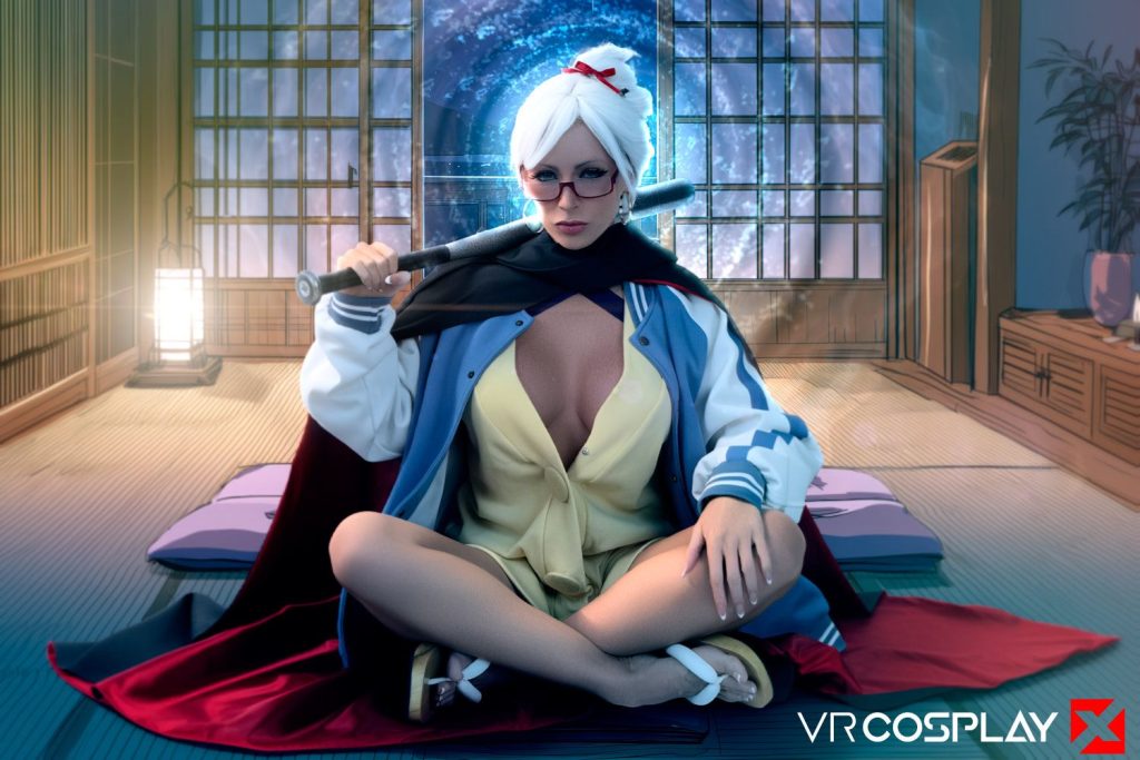 Far away view of woman cosplaying as Seiko from Dan Da Dan and sitting with her legs crossed