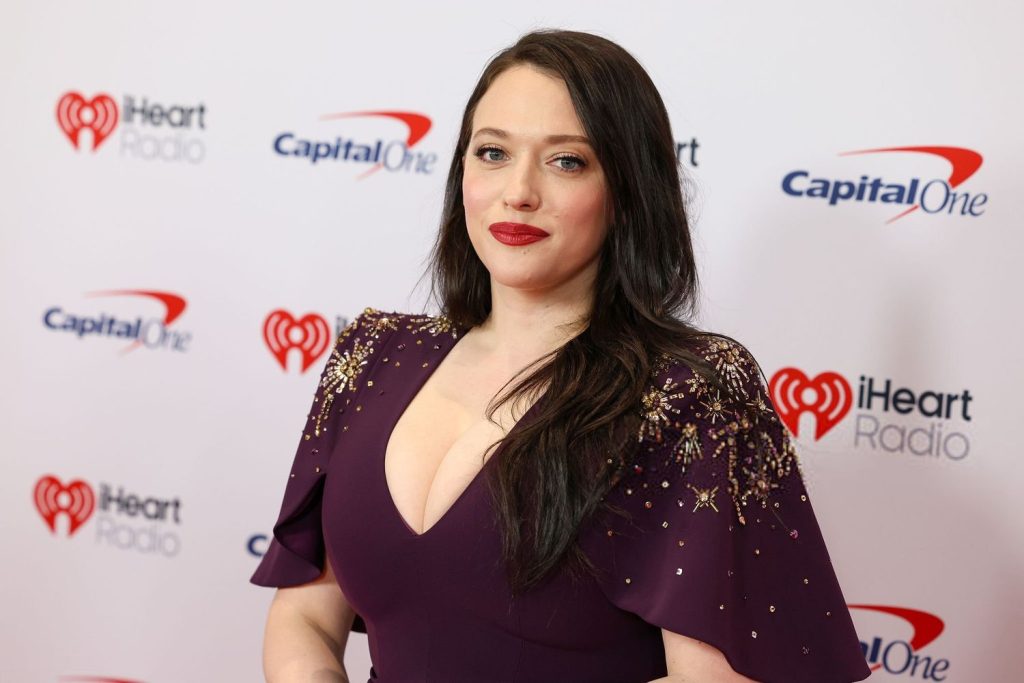 Close up side angle of Kat Dennings face and chest