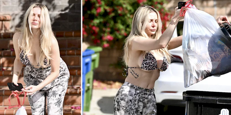 Two panels of a girl in a bikini taking out the trash