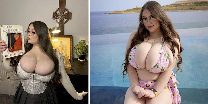 Two panels. On the left a woman with big breasts posing in a Christian setting and in the left the same woman is in a bikini
