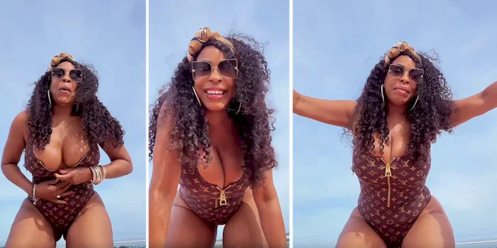 Three panels of actress Niecy Nash in a swimsuit