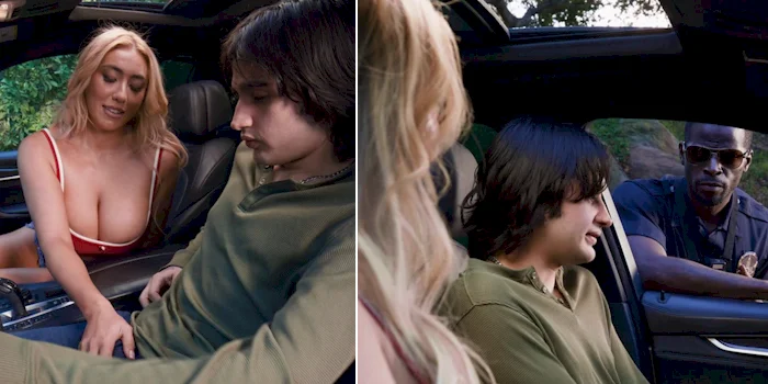 Two panels of a blonde reaching for her boyfriend's penis inside a car and a cop talking to them