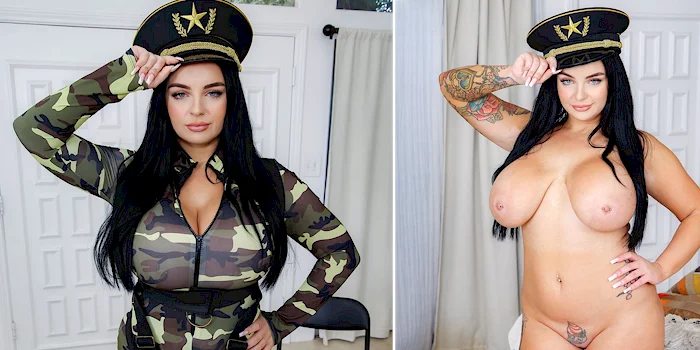 Two panels. In the left a woman is wearing camouflage and saluting and in the right she is nude and saluting