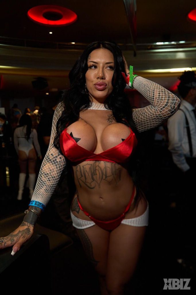 Porn star with big breasts posing in a skimpy outfit