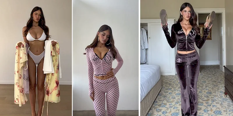 Three panels of a very pretty model wearing different outfits
