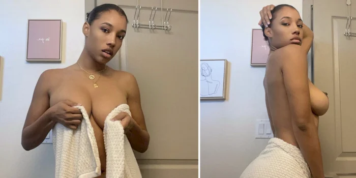 Two panels of a nude black girl teasing with a towel