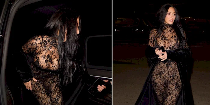 Two panels of Kim Kardashian stepping out of a car wearing lace