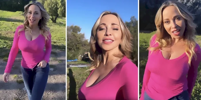 Three panels of a woman outdoors showing cleavage in a tight top