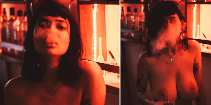 Two panels of a topless woman blowing smoke at a bar