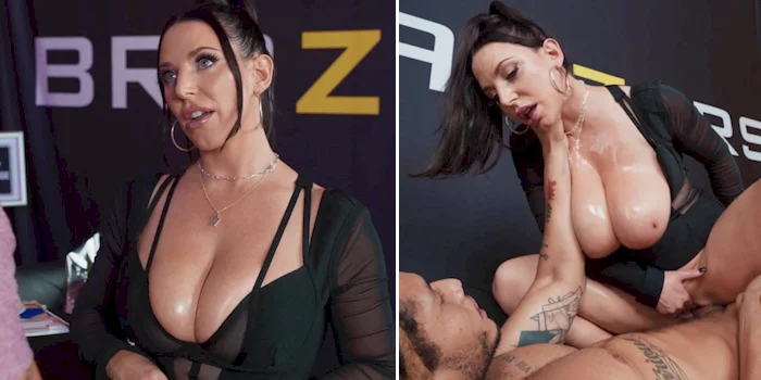Two panels of a female porn star meeting a fan. In the first panel she speaks to him and in the second she sits on top of his penis.