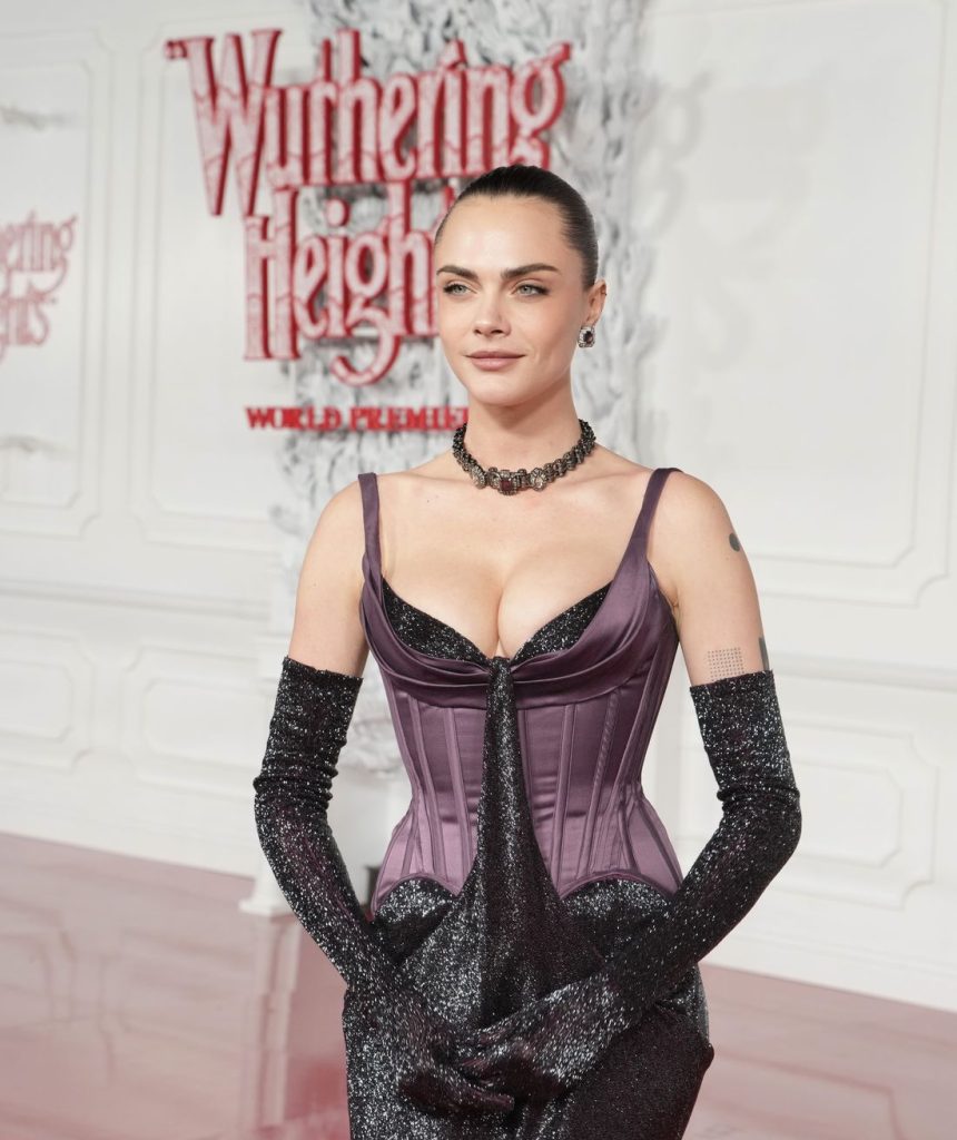 Close up of Cara Delevingne with the words WUTHERING HEIGHTS in the background
