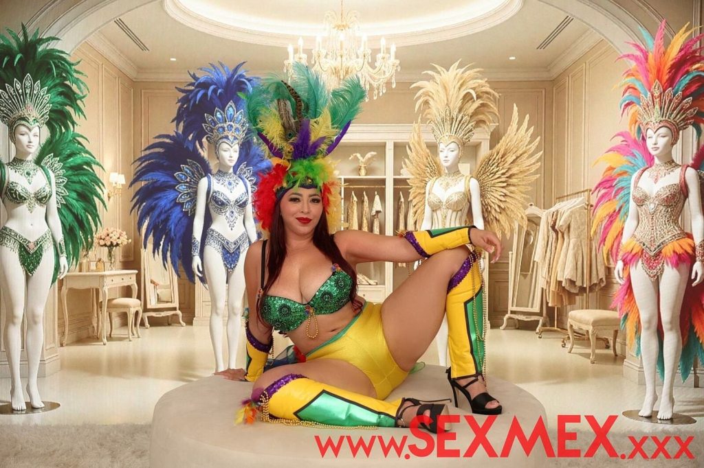 A woman in a colorful feathered costume poses on a round ottoman in a luxurious room decorated with mannequins wearing elaborate carnival outfits.