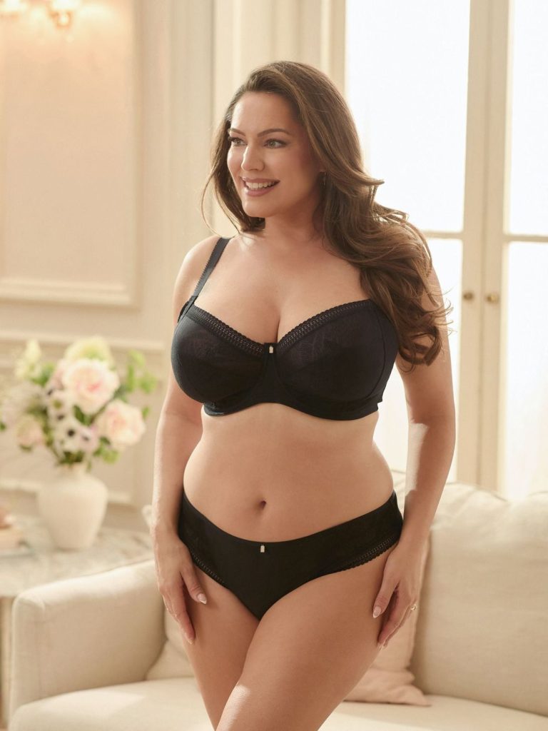 Frontal of smiling woman looking off to the side while standing wearing underwear