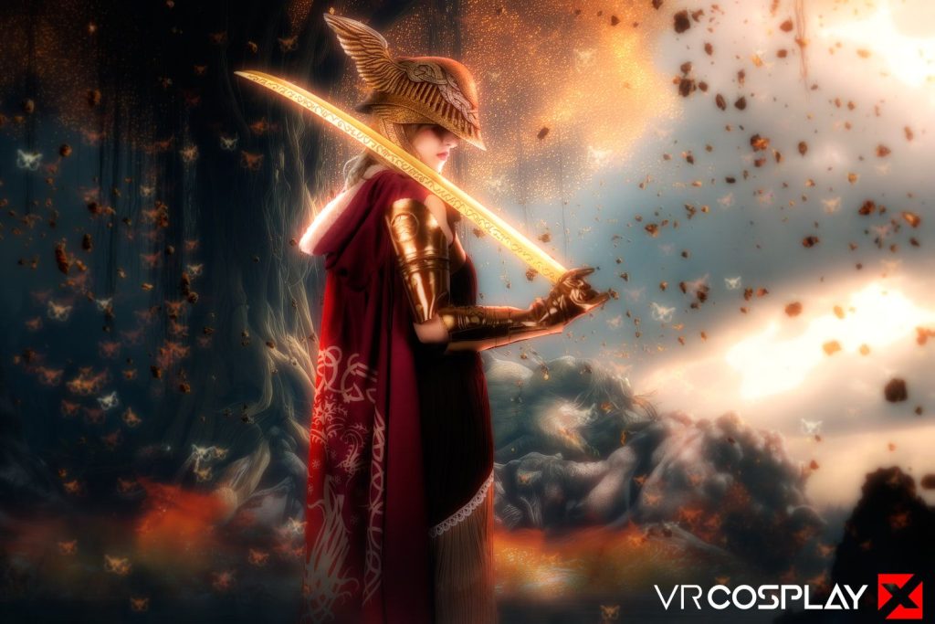 A woman in golden armor and a winged helmet holds a glowing sword, standing amidst swirling leaves and magical light. They wear a red cloak with intricate white designs. The scene is ethereal and fantasy-themed.
