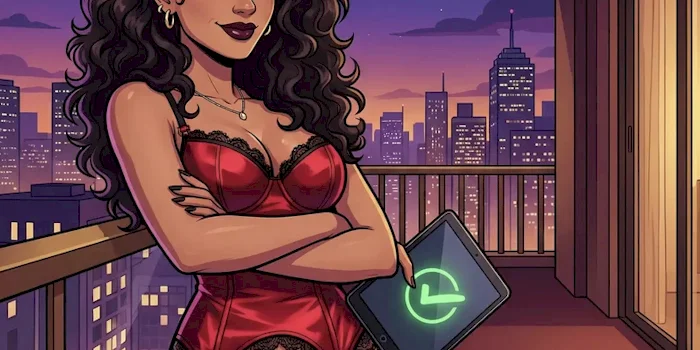 Cartoon of a woman with long curly hair, wearing red and black lingerie, stands on a balcony at sunset, holding a tablet with a green checkmark on the screen. City skyline and lit windows are visible in the background.