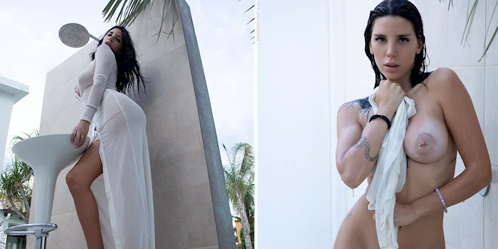 Twp panels of a wet girl under an outdoor shower. In the first we see her wearing a clingy dress and in the second she is nude holding the dress in her hands.