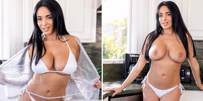 Two panels of Anissa Kate in a bikini top and topless