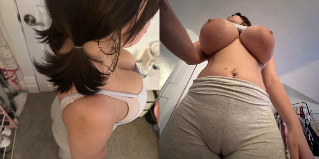 Side by side comparison. In the first panel a downward angle of a girl's chest in a tank top. In the second panel an upward angle of the same girl topless.