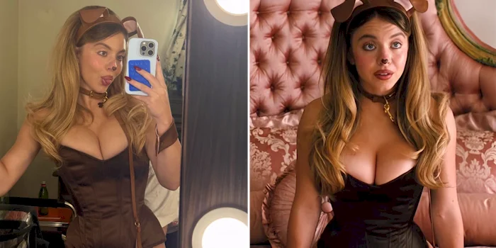 A woman dressed in a brown animal costume with ears, a collar, and a brown corset takes a mirror selfie on the left and sits on a bed on the right, both with playful expressions.
