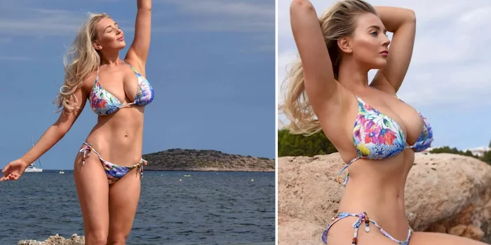 Two panels of a blonde girl in a bikini posing outdoors in a nature setting.