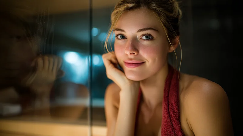 A young woman with blonde hair, wrapped in a red towel, sits relaxed indoors with her chin resting on her hand, softly smiling at the camera in warm, gentle lighting.