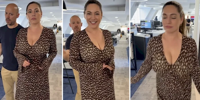 Three-panel image of a woman in a brown patterned dress walking in an office while a bald man in a dark shirt and tan pants stands behind her. In the middle panel, the woman is smiling at the camera.