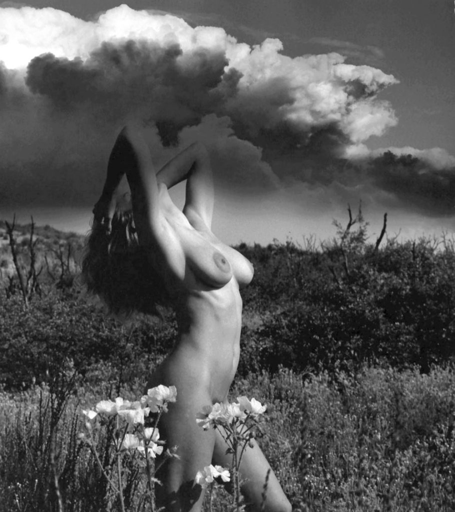 A nude woman standing in a flower-filled field with arms raised overhead, dramatic clouds filling the sky above. The image is in black and white.
