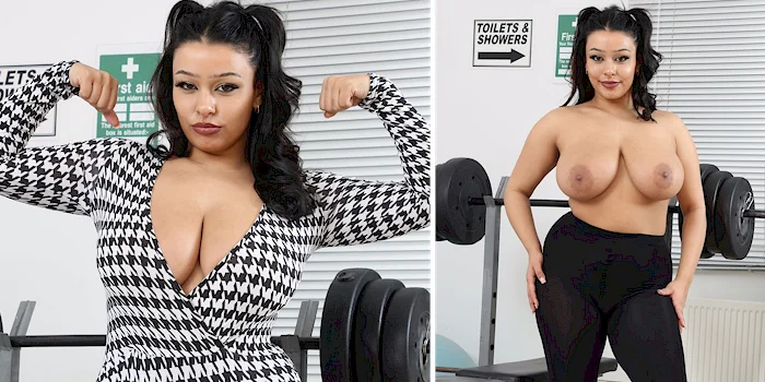 Two panels of a woman. In the first she is curling her biceps and in the second she stands topless in front of gym equipment.