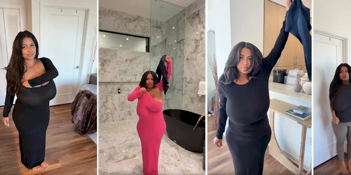 Four images show a woman wearing form fitting dresses, demonstrating how to remove a bra without taking the dress off.