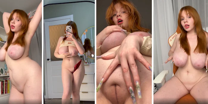 Four panels of a nude and curvy redhead girl