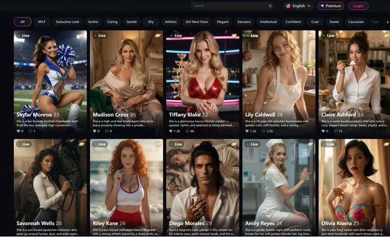 A website interface displays profiles of various models, each with a photo, name, and age. Categories and filter options appear at the top, with buttons for login and language selection in the upper right.
