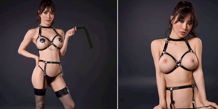 Two panels of a Japanese woman wearing kinky black lingerie against a dark background.