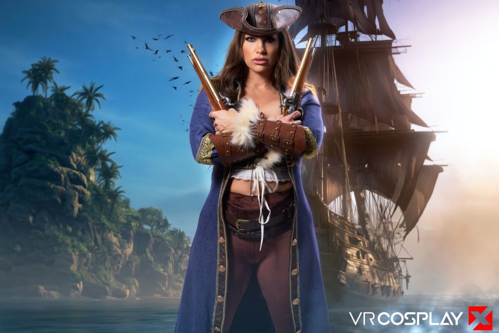 A woman dressed as a pirate stands confidently holding two pistols, with a tall ship and a tropical island in the background.