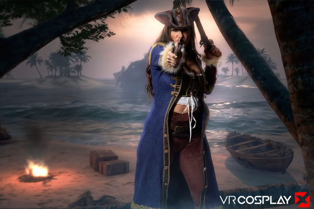 A woman in a pirate costume points a pistol on a beach at sunset, with a campfire, crates, and a rowboat nearby. Tropical trees and an island can be seen in the background.