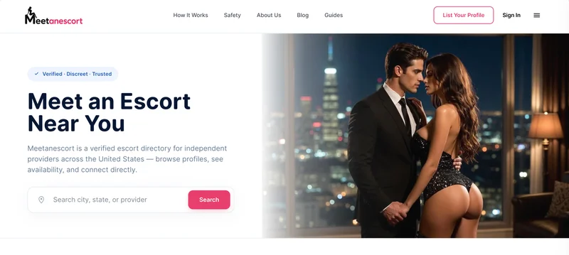 Homepage of Meetanescort featuring a man in a suit and a woman in a revealing dress embracing in front of city lights, with a search bar and site navigation options visible.