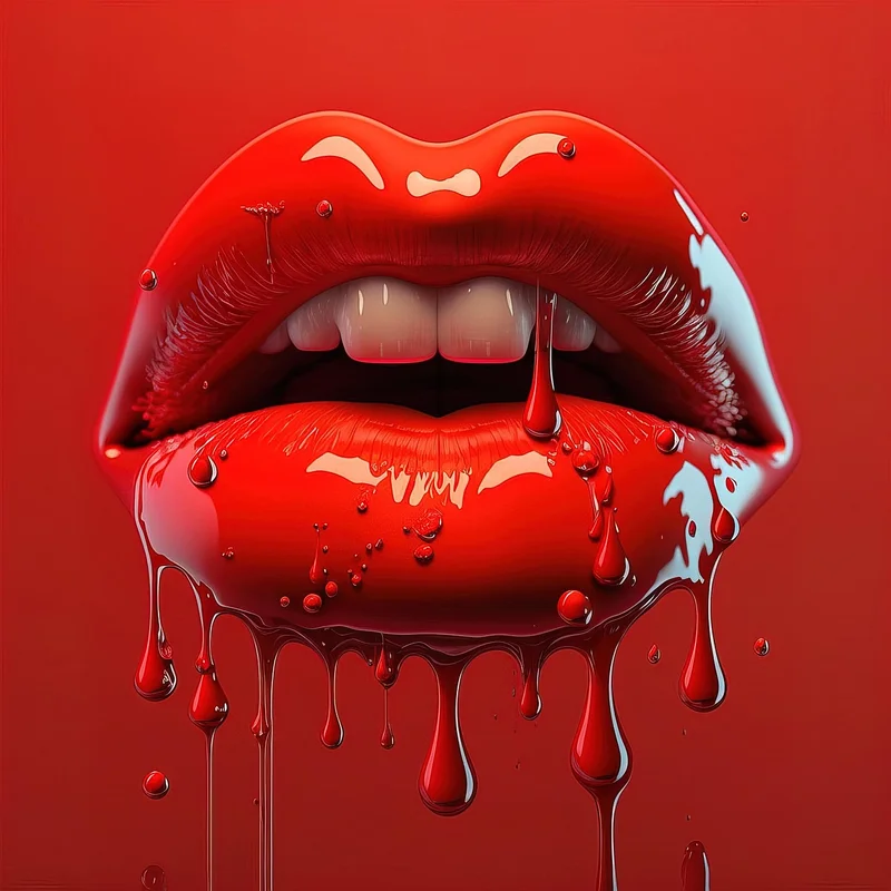 Glossy red lips with dripping, wet red paint against a solid red background. The lips are slightly parted, showing white teeth, with paint drops hanging and streaking down from the lips.