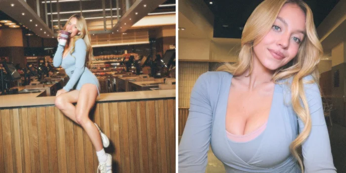 A woman with long blonde hair wearing a light blue dress poses indoors, sitting on a counter in one photo and smiling at the camera in a close-up in the other, under warm lighting in a modern setting.