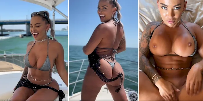 Three panels of the same blonde woman. In the first two she wears a silver bikini aboard a yacht. In the third she is naked and on her back.