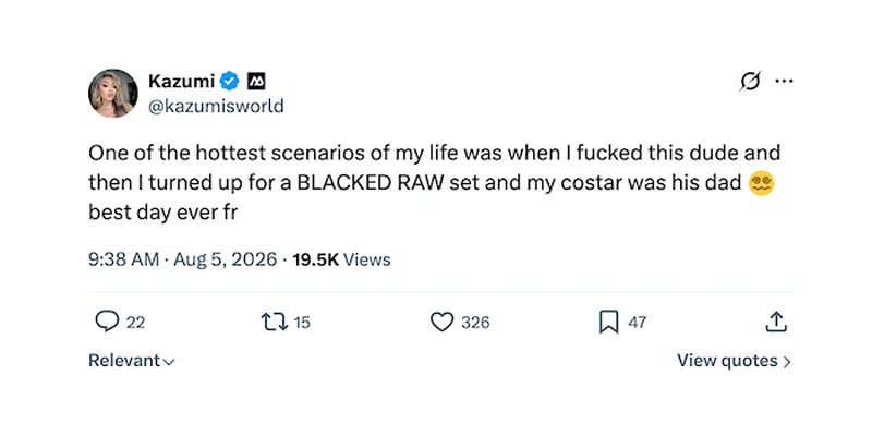 A tweet from @kazumisworld describes a sexual experience on an adult film set, mentioning surprise at her co-star being the mans dad and calling it the best day ever. Emoji and Twitter engagement metrics are shown.