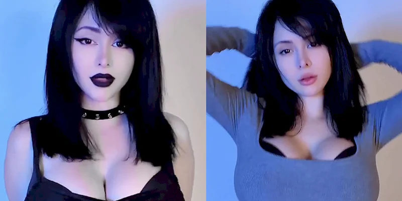 Side-by-side photos of a woman with medium-length black hair, wearing dark makeup and a black outfit on the left, and a gray top with her hands behind her head on the right, both with blue lighting.