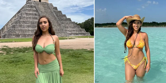 Side-by-side images: Woman in a green outfit poses near a pyramid; on the right, the same woman in a yellow bikini and hat stands in clear blue water, smiling.