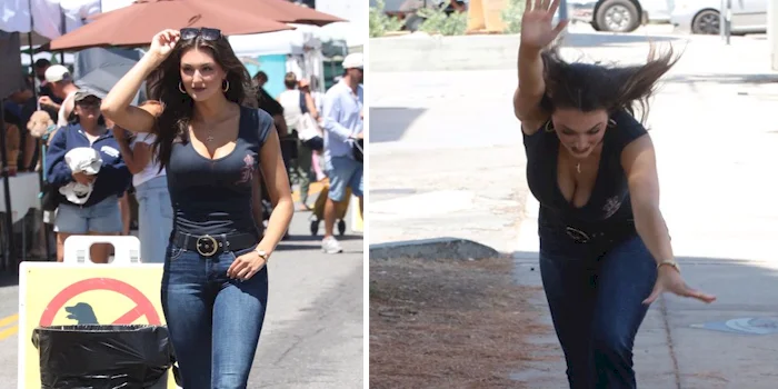 A woman in a navy top and jeans walks confidently in one photo and stumbles forward with her arm outstretched in the next, outdoors on a sunny day.