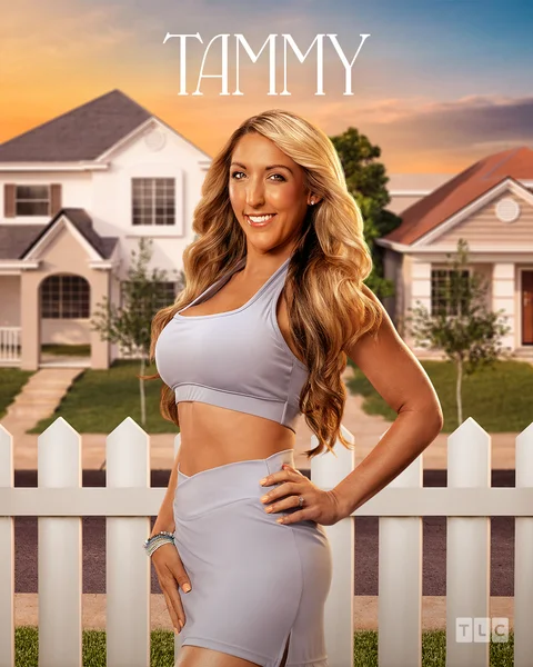 A woman in a light purple outfit poses smiling in front of a white picket fence, with houses and a sunset sky in the background. The name TAMMY appears above her, and the TLC logo is in the corner.