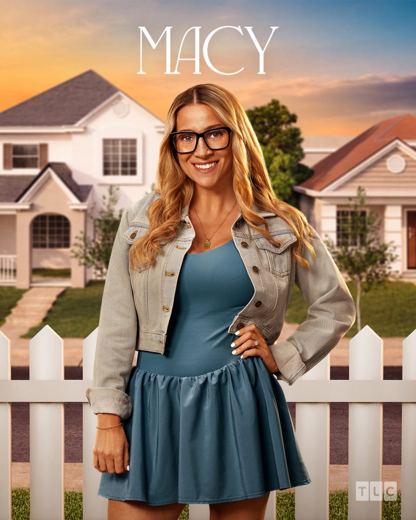 A smiling woman with long blond hair, glasses, and a blue dress stands in front of a white picket fence and suburban houses. The word MACY appears above her. TLC logo is in the lower right corner.