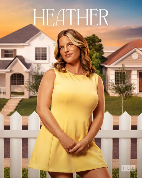 Woman in a yellow dress stands in front of a white picket fence, with houses and a sunset sky in the background. The word HEATHER appears at the top, and the TLC logo is in the corner.
