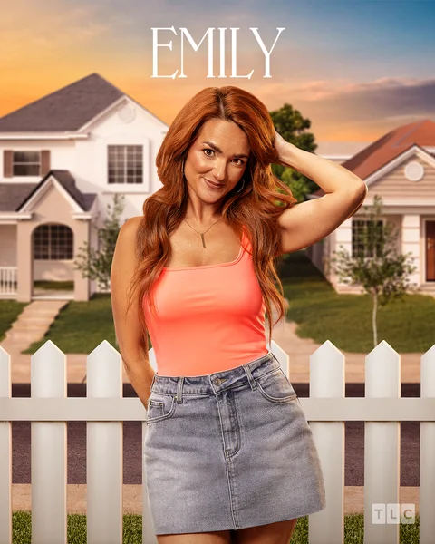 A woman with long red hair in a pink tank top and denim skirt stands in front of a white picket fence and suburban houses. The name Emily is above her head. The TLC logo is in the corner.